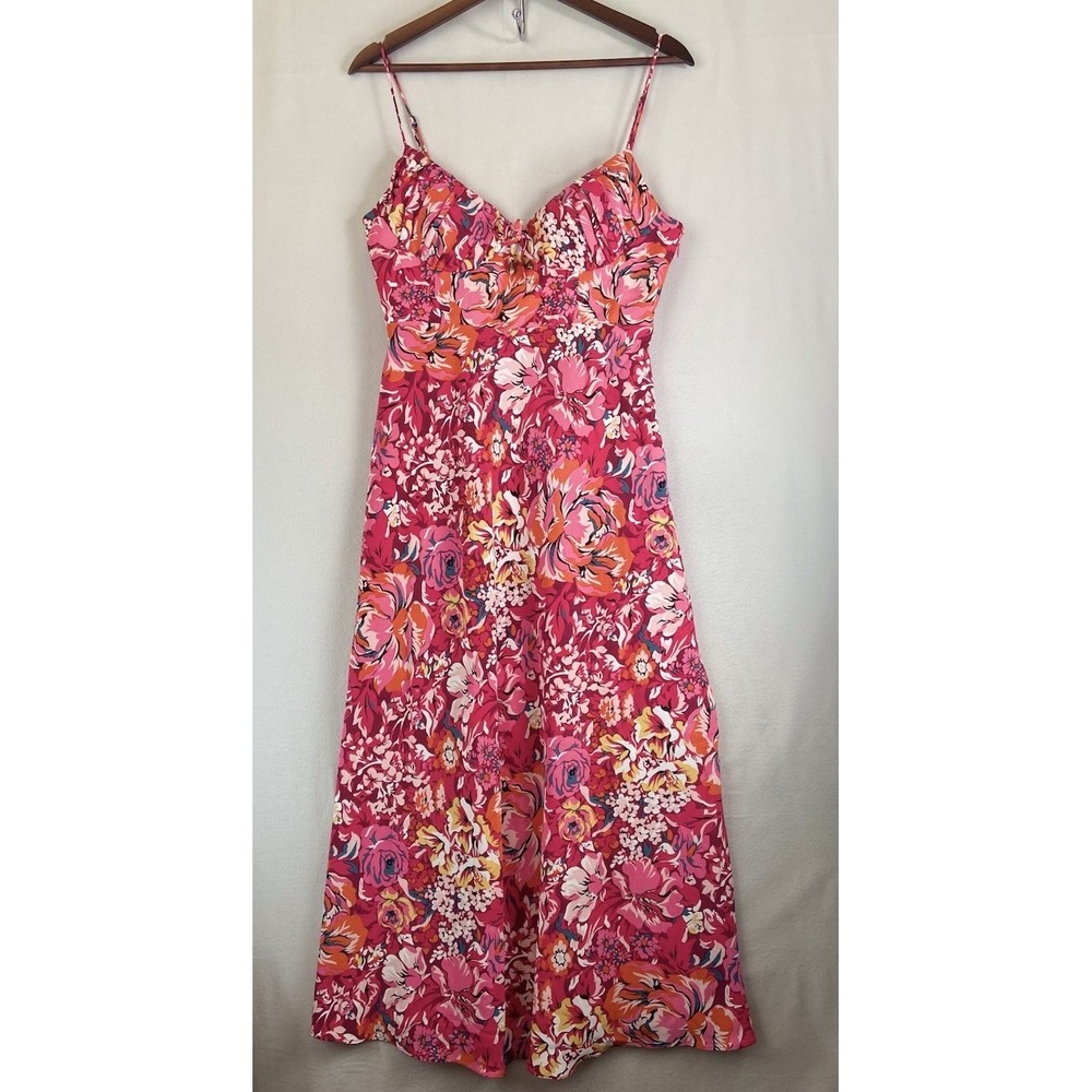 Here Comes The Sun Pink Floral Midi Slip Dress Sz L Wedding Guest Going Out